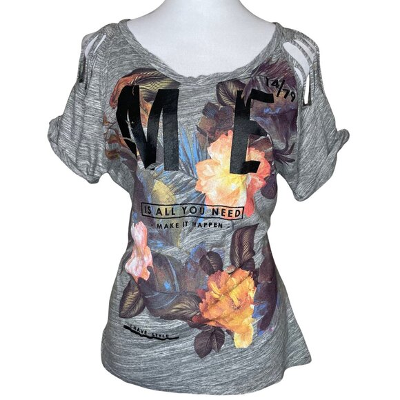 Zara Trafaluc S Gray Floral "ME IS ALL YOU NEED" Distressed Cold Shoulder Top Sm - Picture 1 of 11